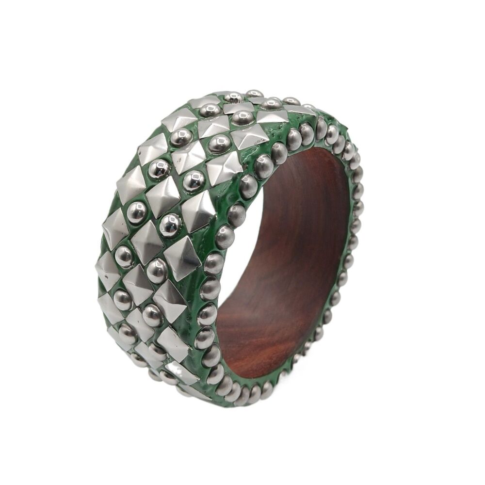 Antika Collection Green Silver Studded Bangle Bracelet Chunky Wood Goth Rock New